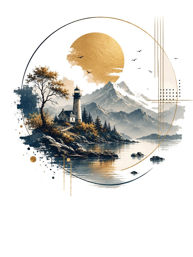 Golden Moon light house Lake Geometric Landscape by jcsstore