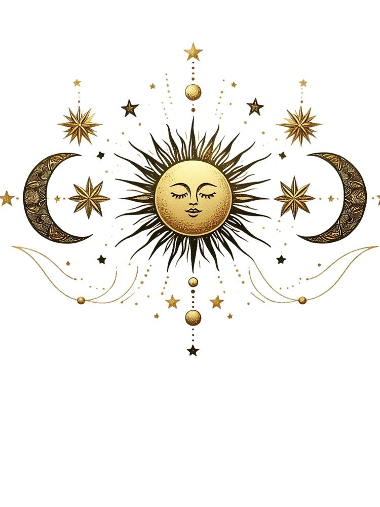 Sun, moon & stars in line – Mystical boho design with gold accents by Anna2492
