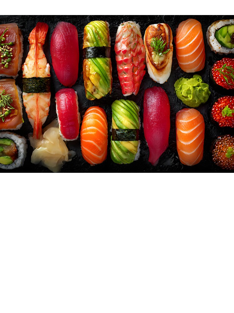 Delicious Assorted Sushi Plate on Black Background by Artessie