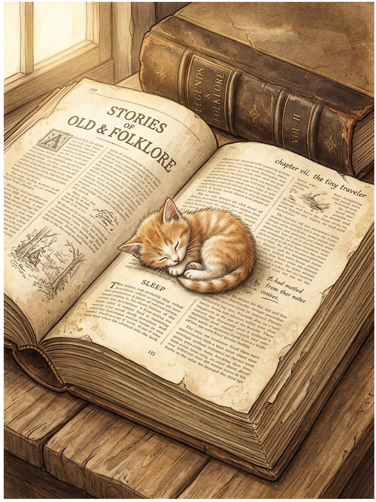Tiny Kitten Sleeping on a Giant Vintage Book Miniature Illustration by DuckOddity