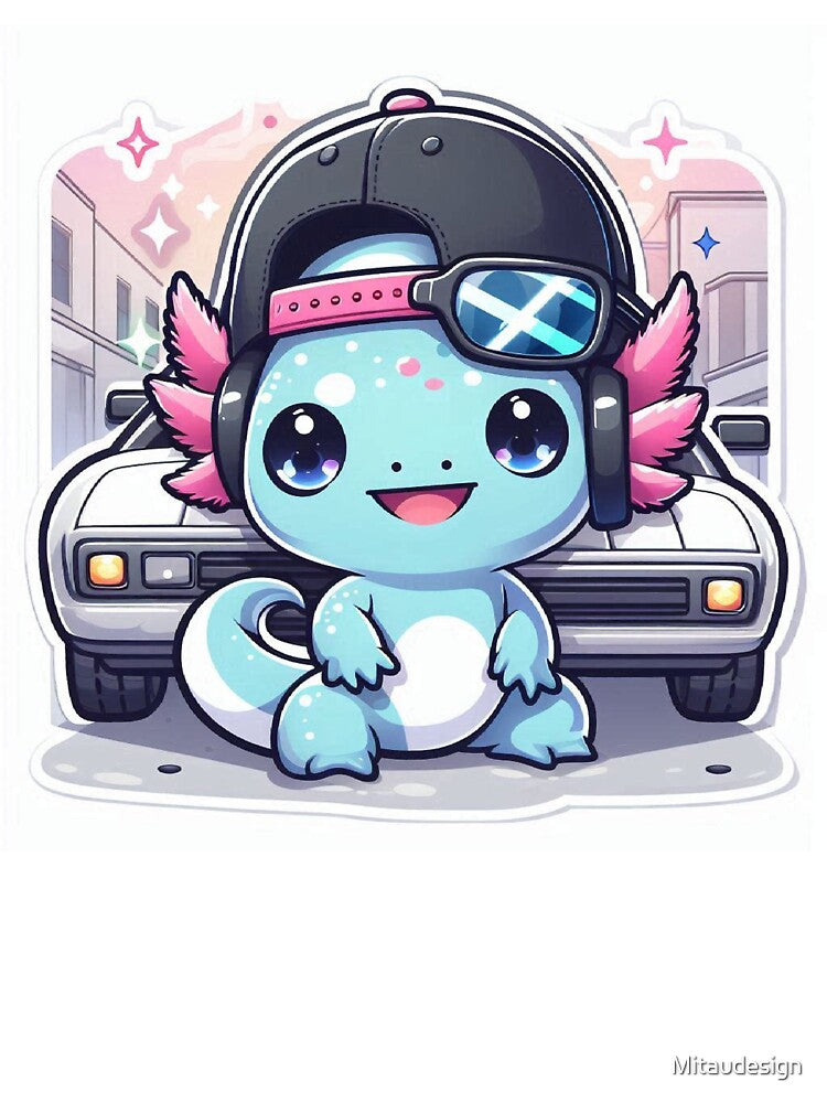 Cute Kawaii Axolotl Astronaut Sitting on Car with Headphones by Mitaudesign