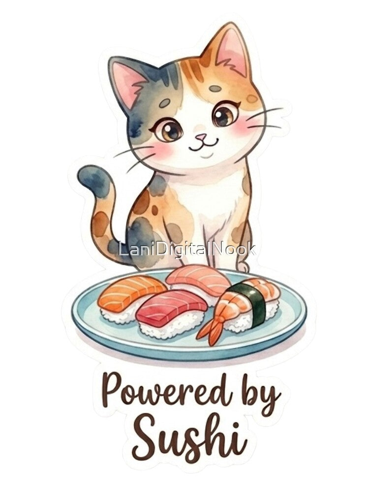 Powered by Sushi | Cute Hawaiian Japanese Cat Lani Sticker by LaniDigitalNook
