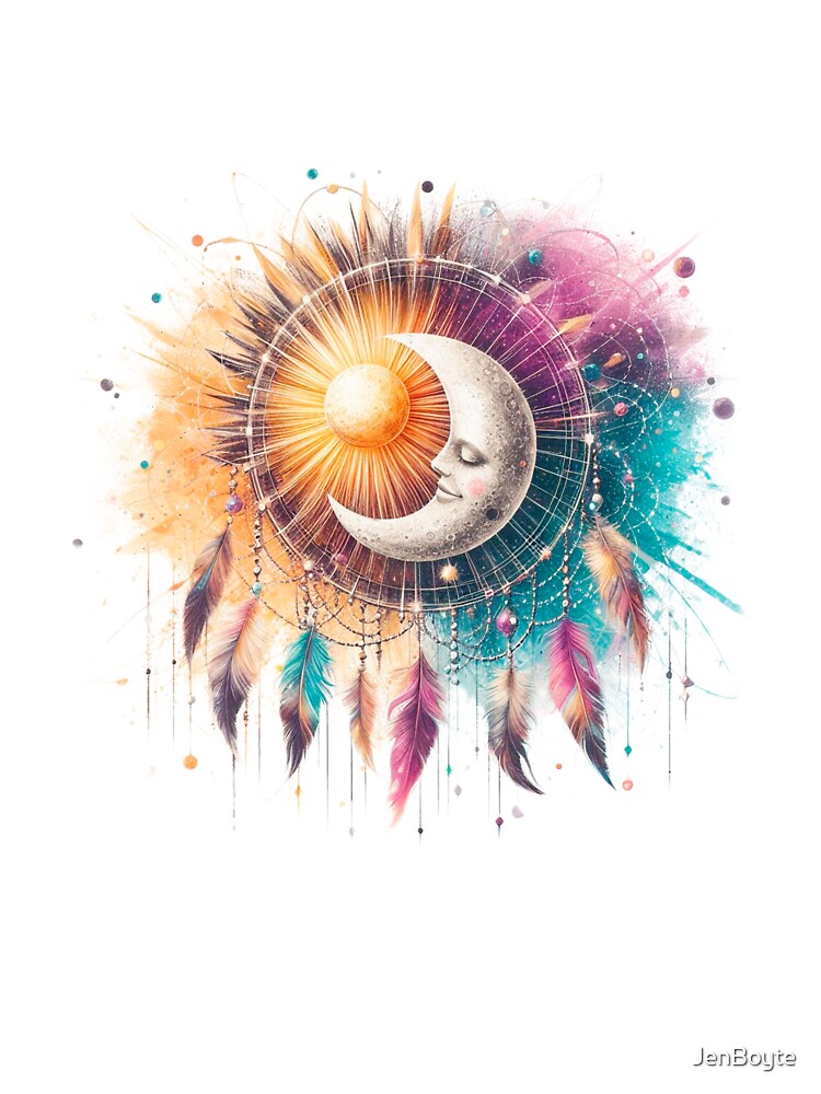 Sun Moon Dream Catcher Celestial Boho Feather Spirit Art by JenBoyte