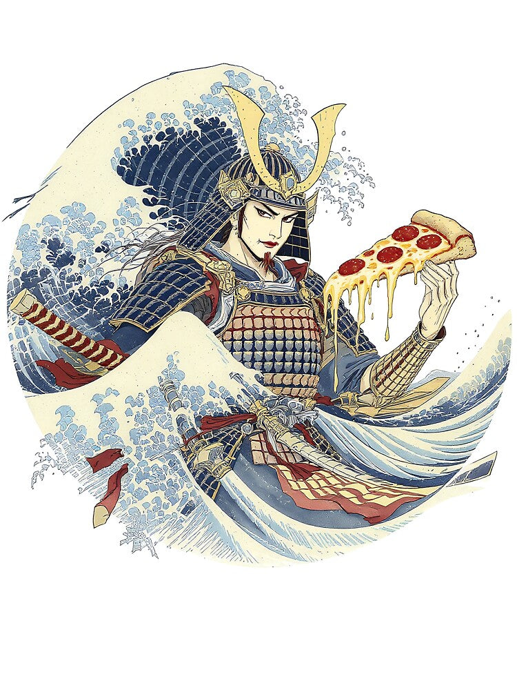 Funny Japanese Samurai Eating Pizza Ukiyo-e by DreamLeafCo