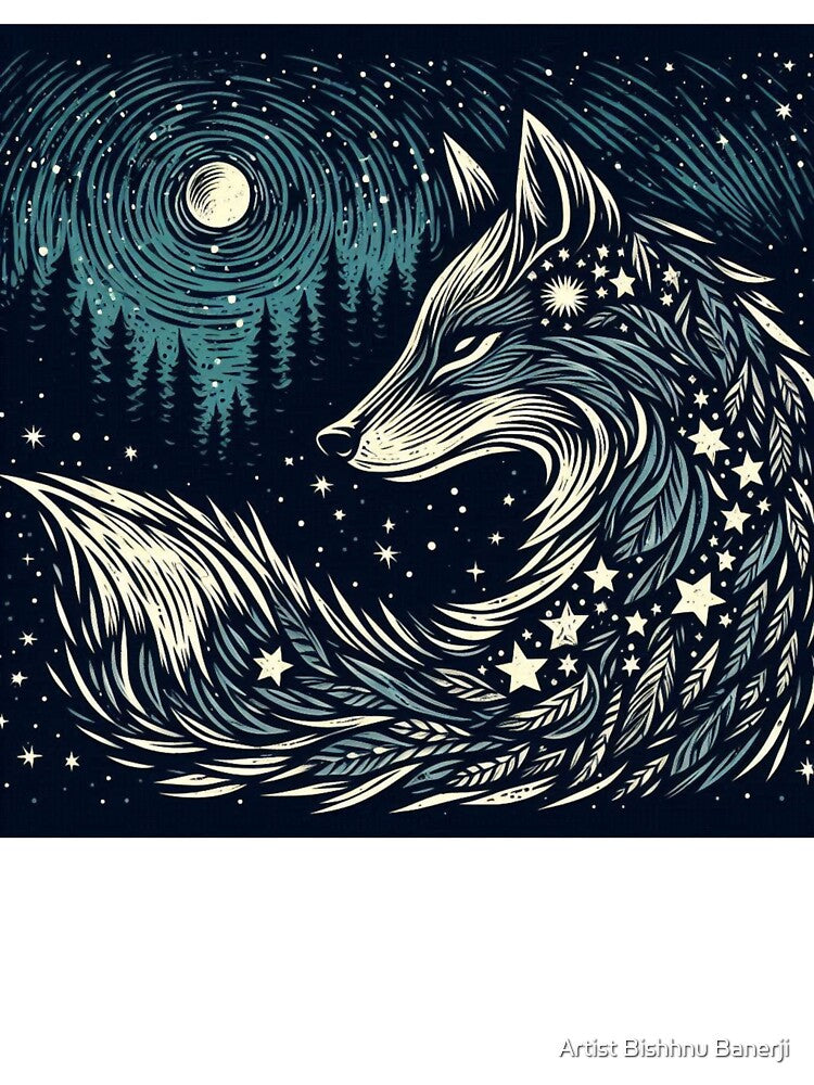 Cosmic Fox Linocut Midnight Art by Artist Bishhnu Banerji