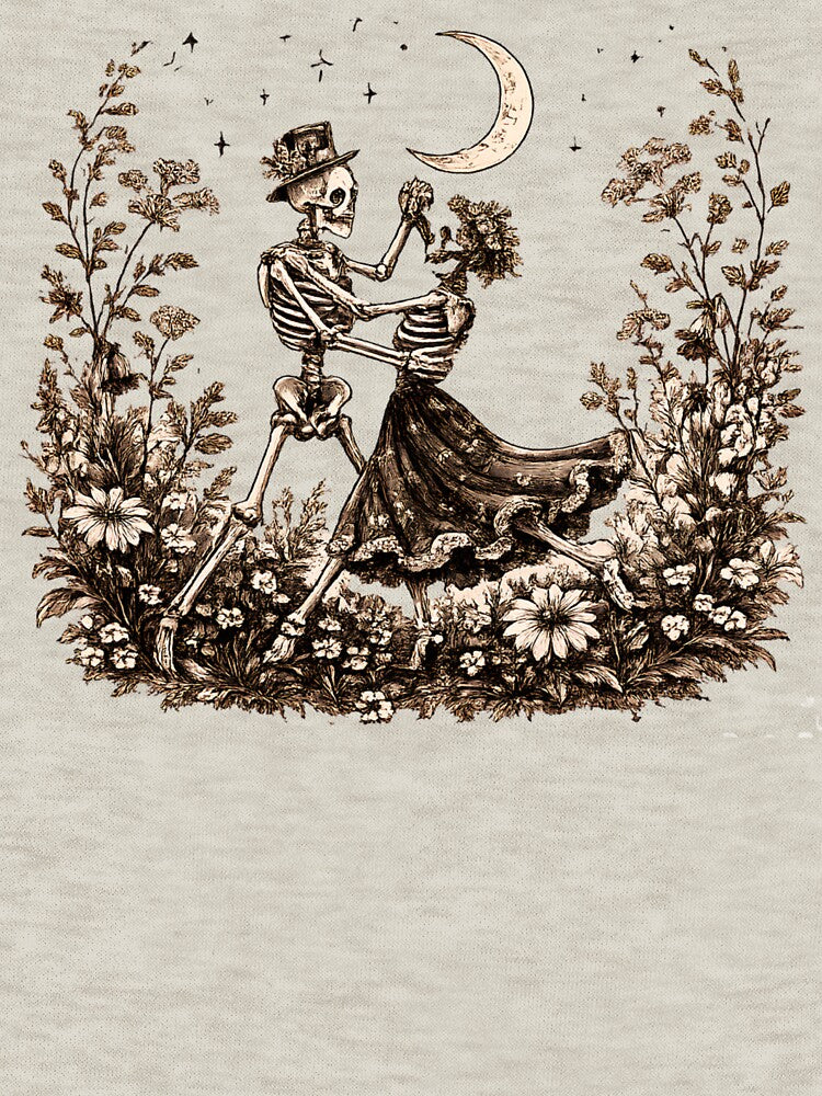 Skeleton Couple Dancing Botanical Linocut Art by VGAfanatic