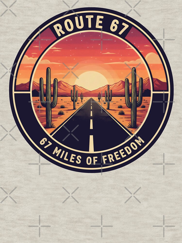 Route 67 Desert Freedom Badge Sunset Cactus Road Design by SplashTastic