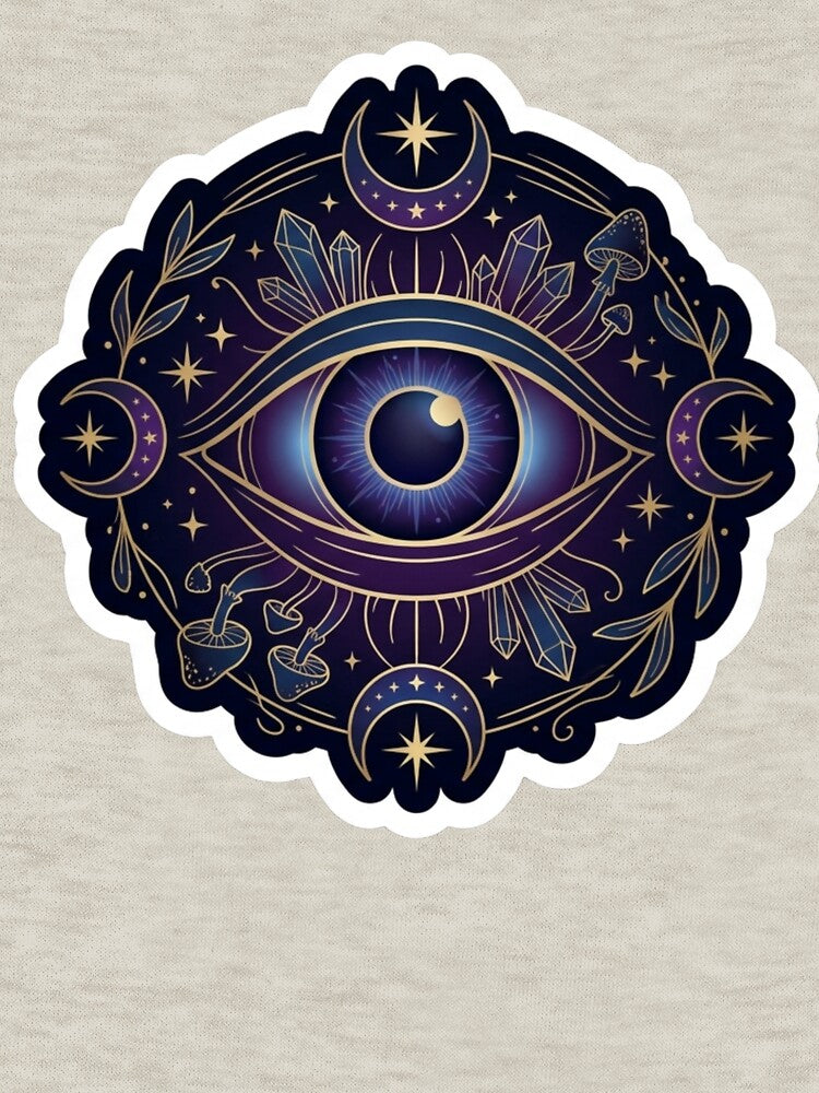Mystical All-Seeing Eye Die-Cut Sticker - Bohemian Celestial Occult Art with Gold Accents & Sacred Geometry by Velmora Studio