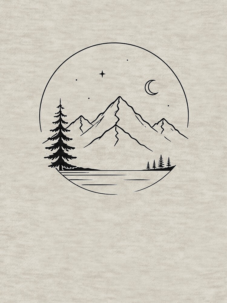 Mountain Moon Night Landscape Line Art | Pine Tree Forest Adventure Design by NBT-NOVA