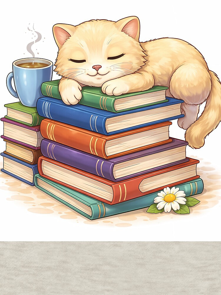 Sleepy Bookworm Cat – Cozy Reading Kitty with Books & Coffee by Furfolkz
