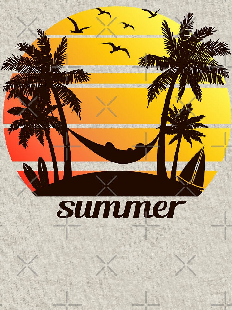 Summer Vacation - Silhouette of Beach Scene with Palm Trees and Hammock Against Sunsets by WearWolfDesigns