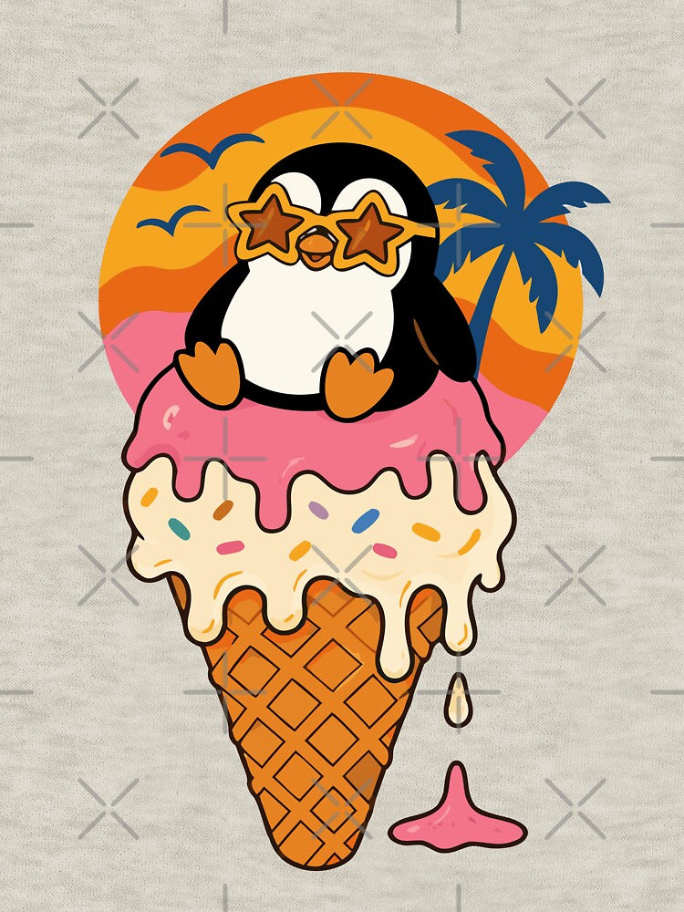 Cool Penguin Ice Cream Retro Summer Groovy Beach Design by Glotify