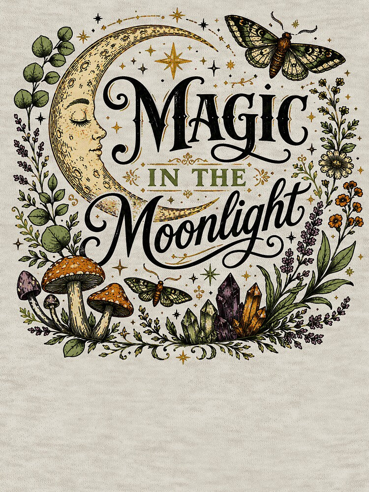 Magic In The Moonlight Celestial Crescent Moon Vector T-Shirt Design - Cottagecore Moth Mushroom Graphic by Rabu10