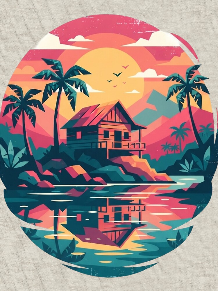 Tropical Beach House Sunset Retro Palm Trees Ocean Art by GlowAura7