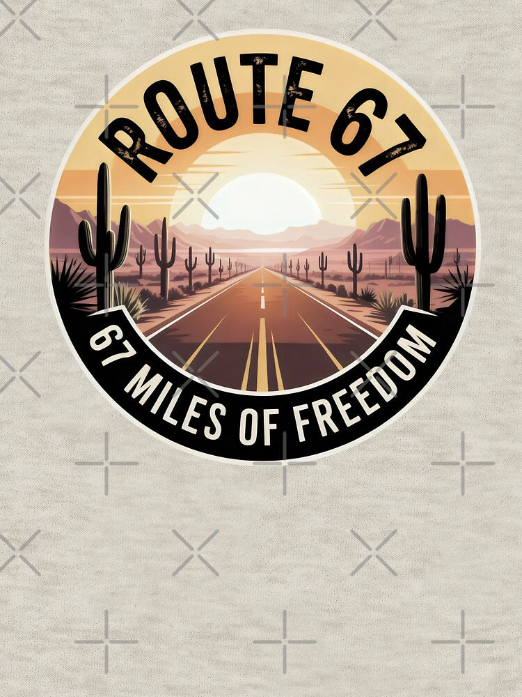 Route 67 Desert Highway Emblem with Sunset and Cactus Landscape by SplashTastic