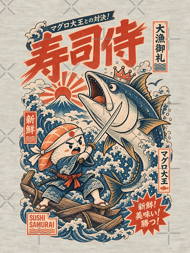 Sushi Samurai vs Giant Tuna Japanese Ukiyo-e Parody by nookmerch97