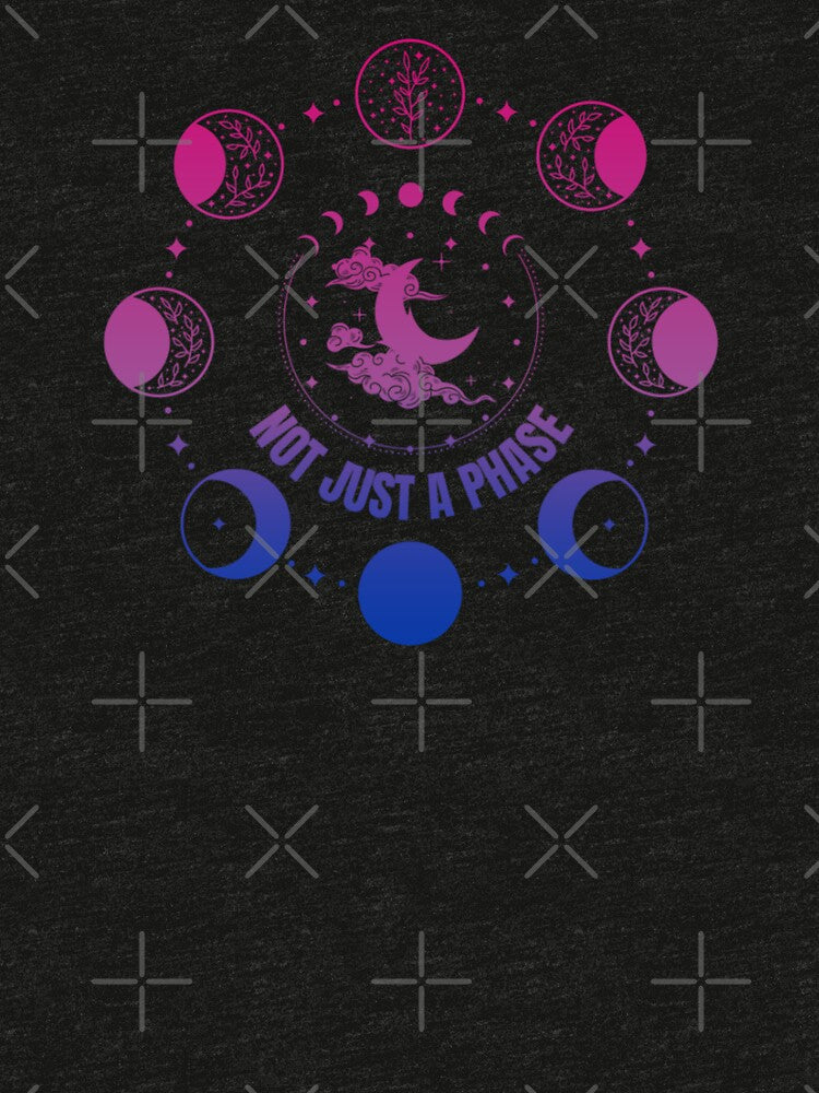 Moon Phases, Not Just A Phase graphic, Bisexual pride flag graphic, sun moon and stars, pride graphic, Astronomy, night sky, star gazing, Full Moon, Crescent moon, outdoors, nature, by PrideBeProud