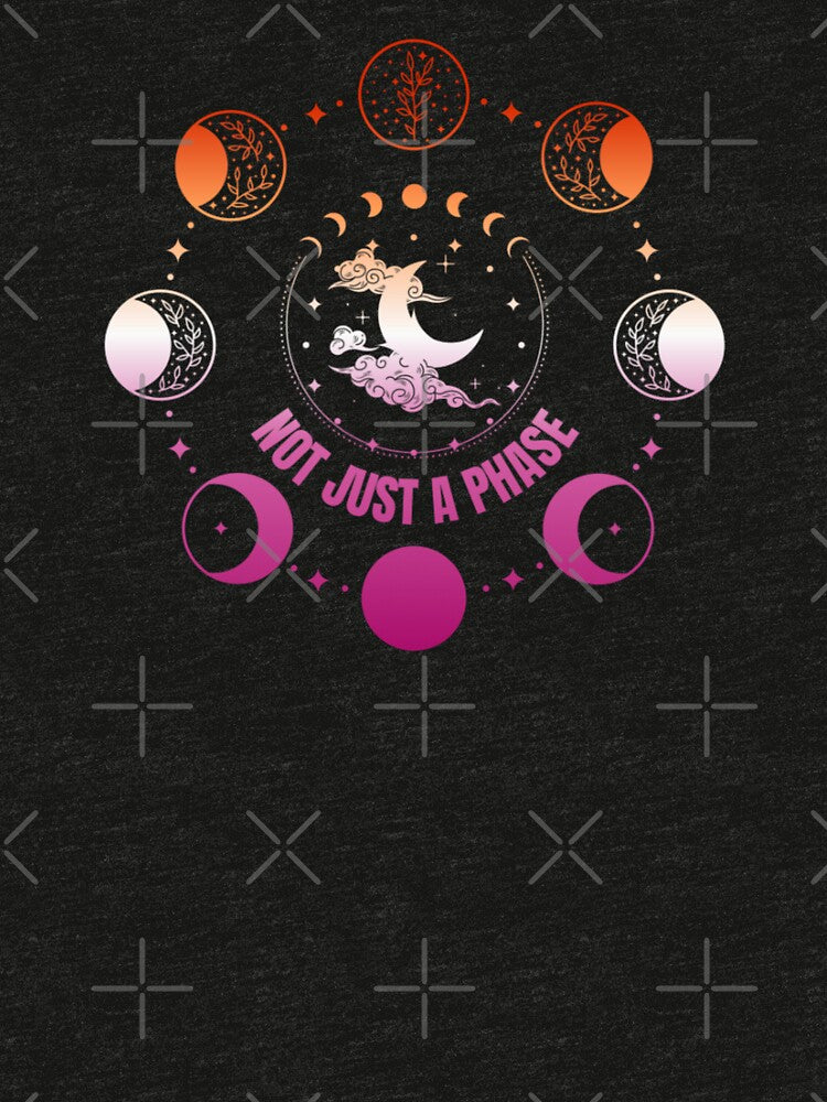 Moon Phases, Not Just A Phase graphic, Lesbian pride flag graphic, sun moon and stars, pride graphic, Astronomy, night sky, star gazing, Full Moon, Crescent moon, outdoors, nature, by PrideBeProud
