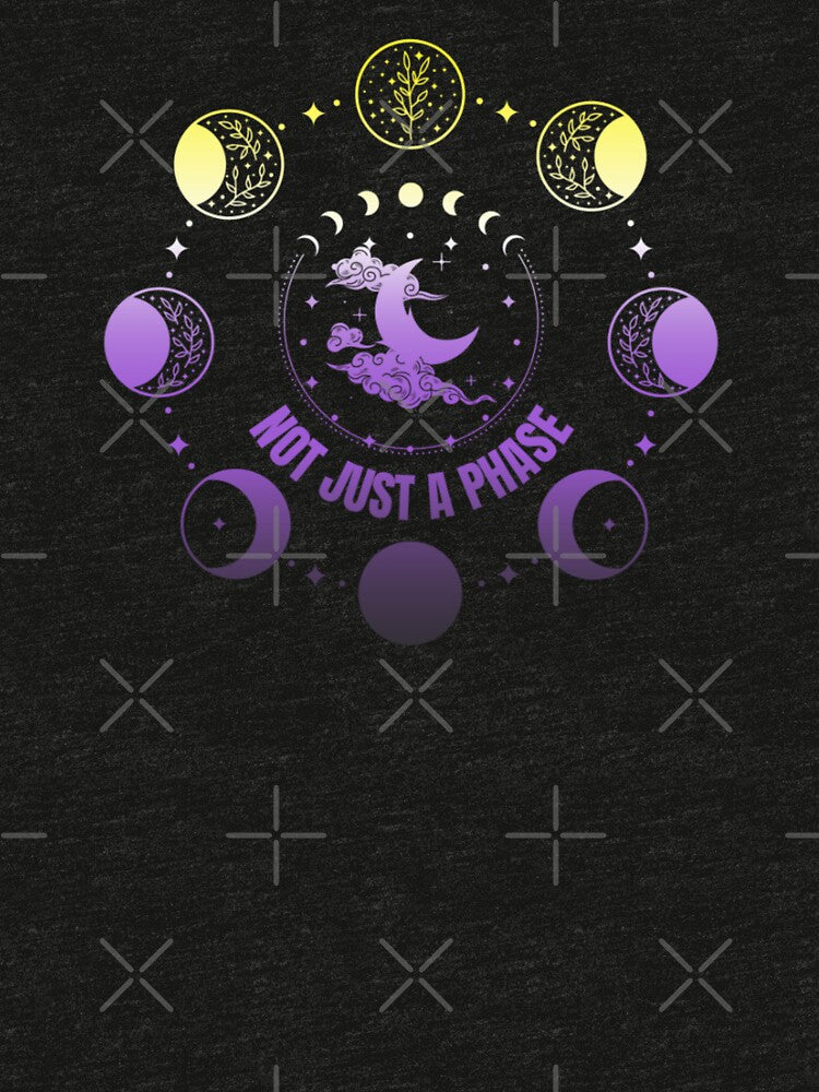 Moon Phases, Not Just A Phase graphic, Nonbinary pride flag graphic, sun moon and stars, pride graphic, Astronomy, night sky, star gazing, Full Moon, Crescent moon, outdoors, nature, by PrideBeProud
