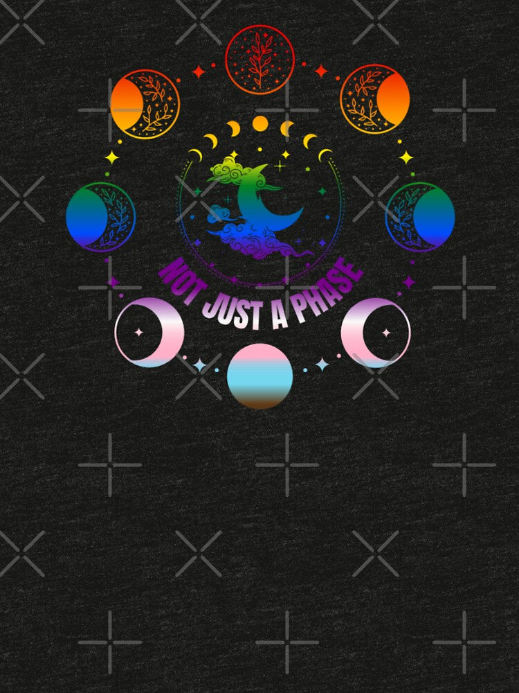 Moon Phases, Not Just A Phase graphic, Progress pride flag graphic, sun moon and stars, pride graphic, Astronomy, night sky, star gazing, Full Moon, Crescent moon, outdoors, nature, by PrideBeProud