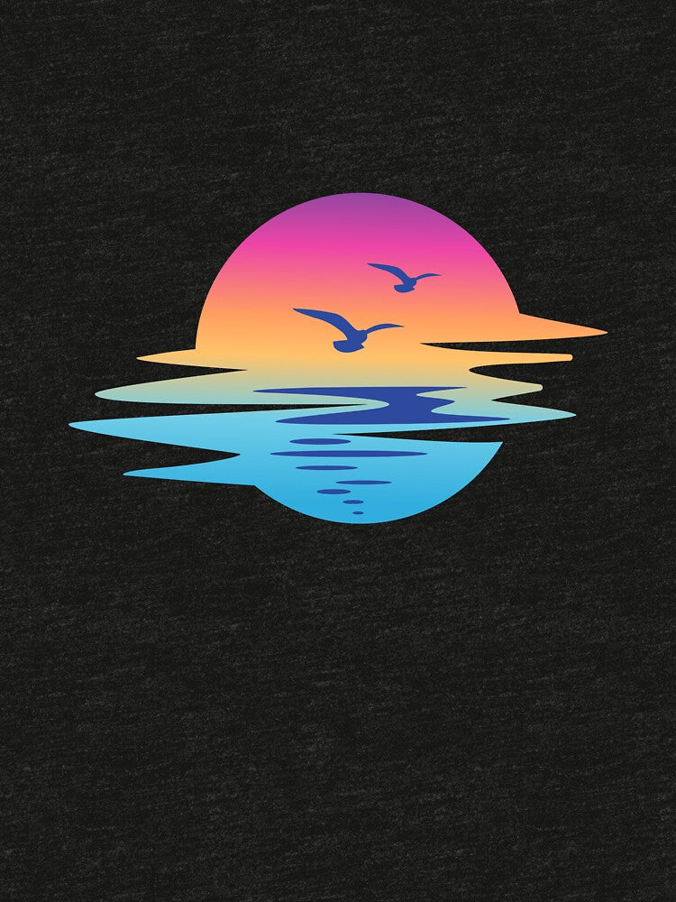 Vaporwave Sunset Circle Flying Seagulls Beach by SolutionsArt