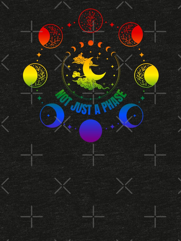 Moon Phases, Not Just A Phase graphic, Classic pride flag graphic, sun moon and stars, pride graphic, Astronomy, night sky, star gazing, Full Moon, Crescent moon, outdoors, nature, by PrideBeProud