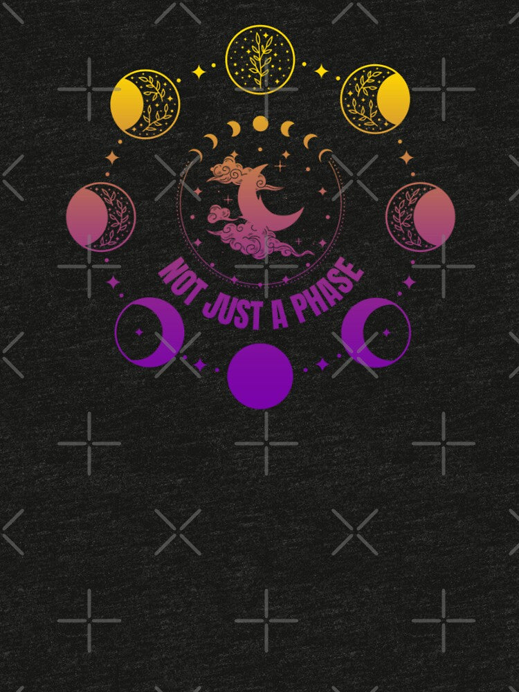 Moon Phases, Not Just A Phase graphic, Intersex pride flag graphic, sun moon and stars, pride graphic, Astronomy, night sky, star gazing, Full Moon, Crescent moon, outdoors, nature, by PrideBeProud