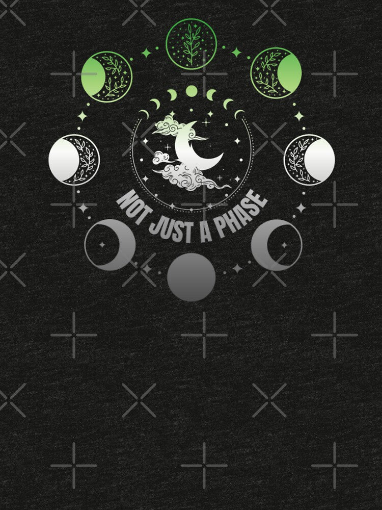 Moon Phases, Not Just A Phase graphic, Aromantic pride flag graphic, sun moon and stars, pride graphic, Astronomy, night sky, star gazing, Full Moon, Crescent moon, outdoors, nature, by PrideBeProud