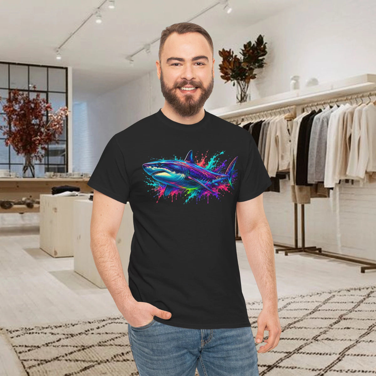 Neon Shark Colorful Ocean Splash Marine Life Graphic T-Shirt