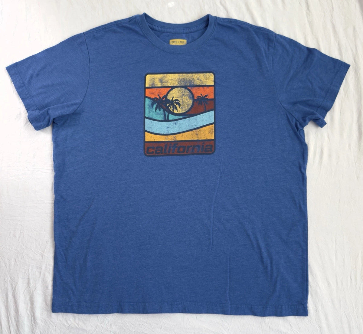 California Retro Graphic Tee Mens Large blue Beach Surf Coast Palm Trees Ocean