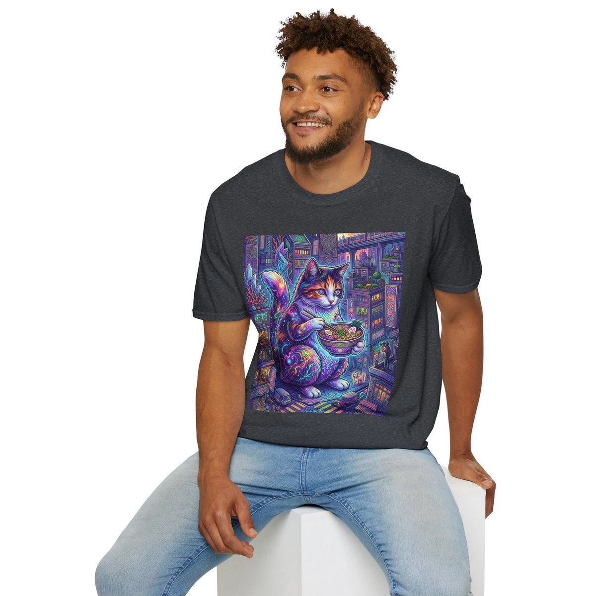 Neon Calico Cat Ramen Noodle Bowl T-Shirt Japanese City Neon Art Graphic
