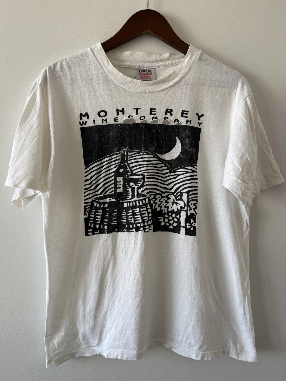 VINTAGE 90s Monterey Wine Company Thrashy Starry Graphic Art Black White T-Shirt