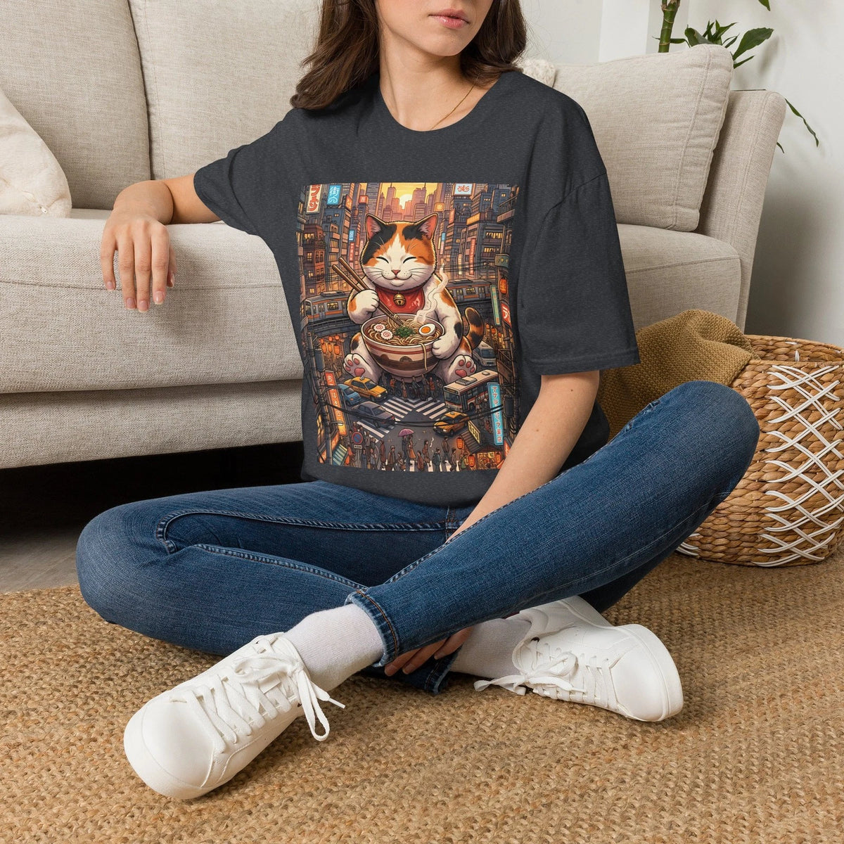 Giant Lucky Cat Ramen Noodles T-Shirt Japanese Street Food Art Graphic Tee - New