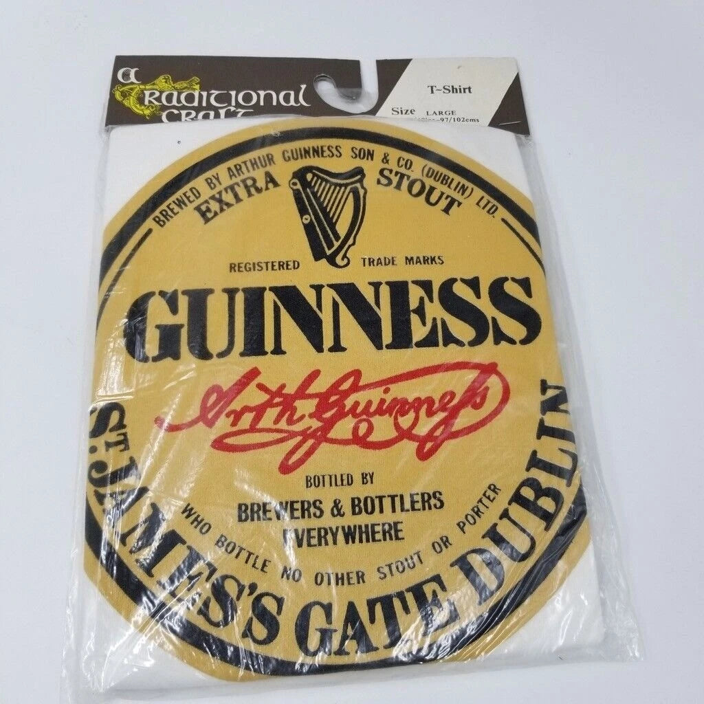 Vintage Traditional Craft Mens Guiness T Shirt L White Tex Print Ireland New