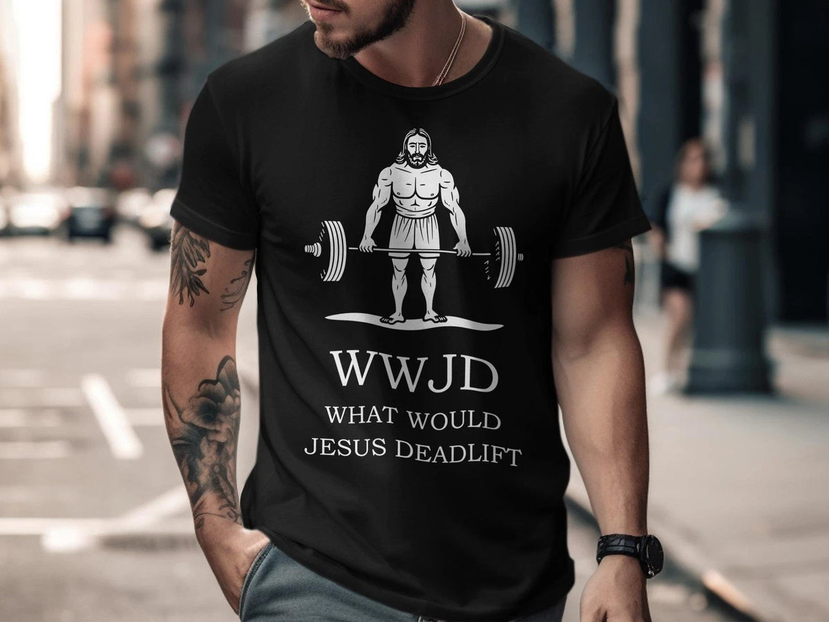 WWJD Gym T-Shirt - What Would Jesus Deadlift Fitness Tee for Bodybuilding