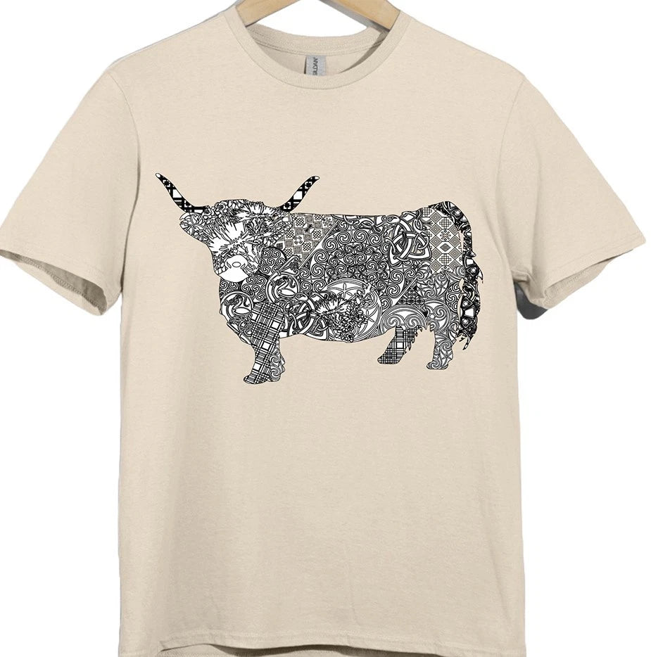 Highland Cow Celtic Mandala Art Boho Floral Zentangle Pattern Graphic T-Shirt .
