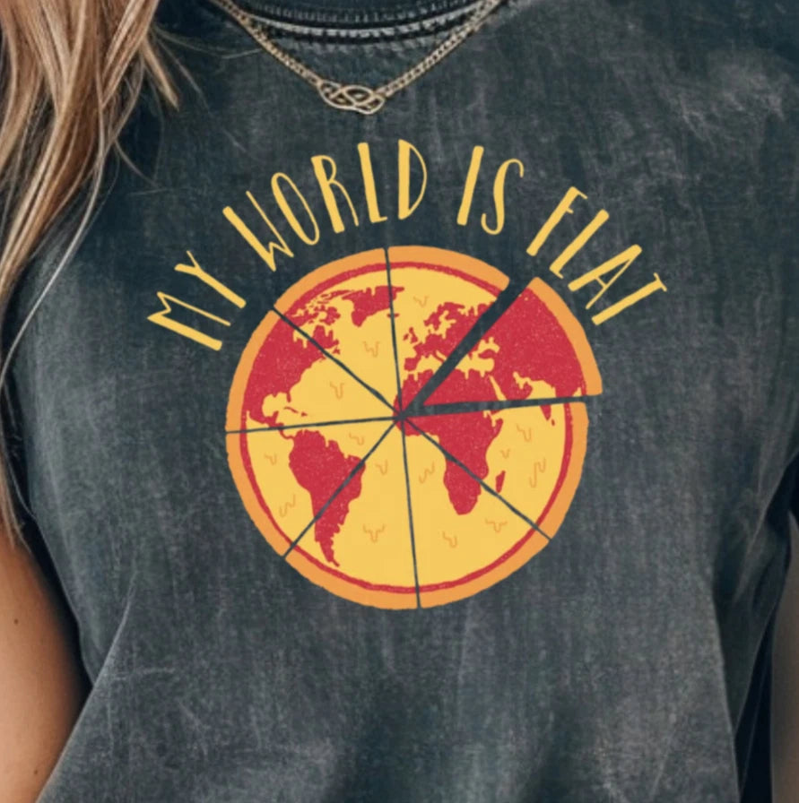 'My World Is Flat' t-shirt | Funny Pizza Tee, Night Out Shirt