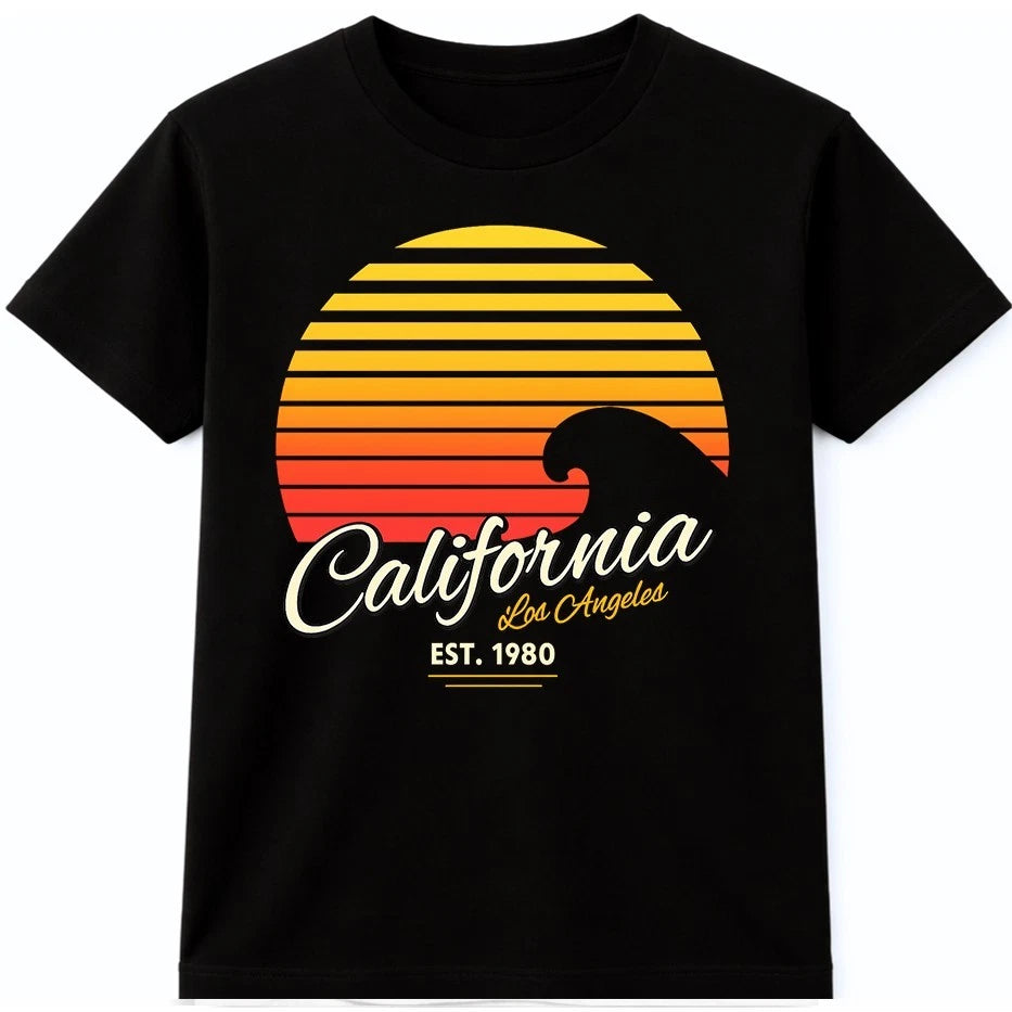 California LA Retro Sunset Ocean Waves Beaches 1980 Vintage Surf Graphic T-Shirt