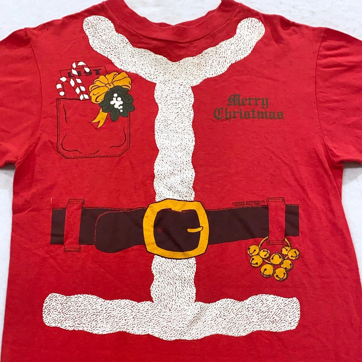 vintage 1980 SANTA CLAUS MERRY CHRISTMAS T-Shirt MEDIUM/LARGE costume 80s tuxedo