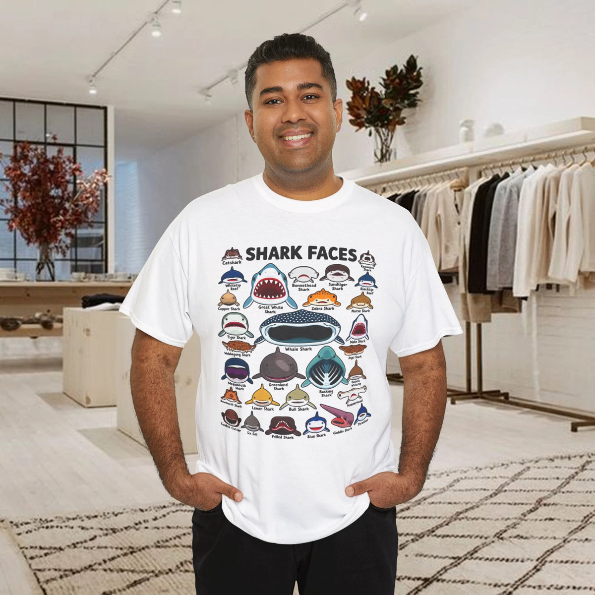 Shark Faces Marine Sea Life Music Fashion Top Retro Cool Gift Tee T Shirt