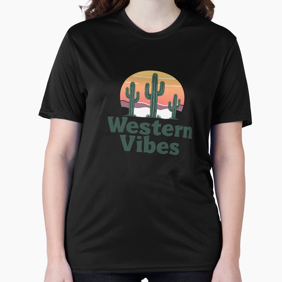 Western Vibes T-Shirt, Cactus Sunset Graphic Tee, Desert T-Shirt, Southwestern Style Shirt, Vintage Vibes Top, Retro Summer Shirt by JeffreyWayne