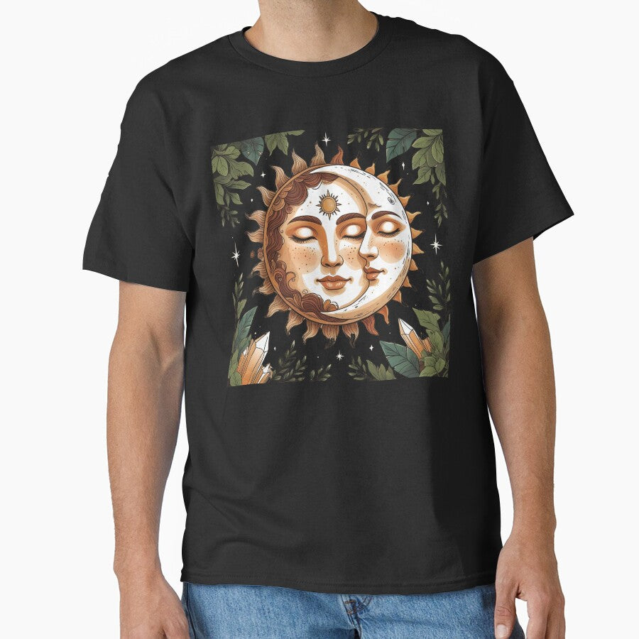 sun and moon Boho/Aesthetic Style, Earth tones, foliage, stars, crystals by catcurio