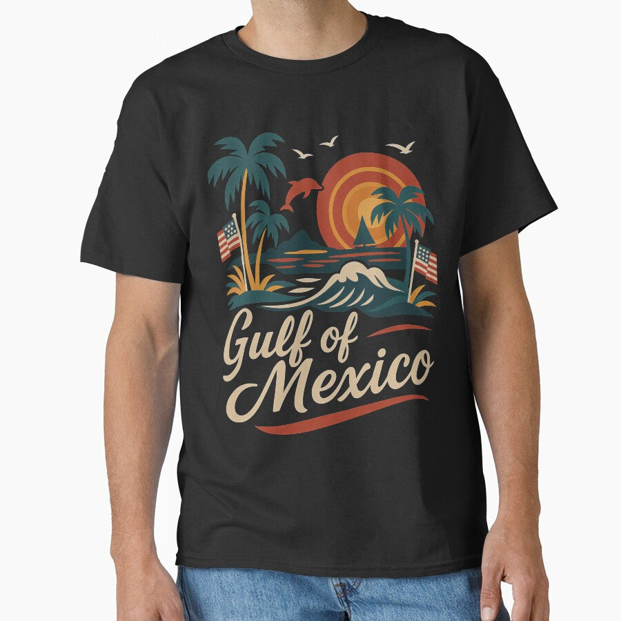 Gulf of Mexico – Retro Sunset Beach Design with Palm Trees & Dolphin by Victor Shadehorn