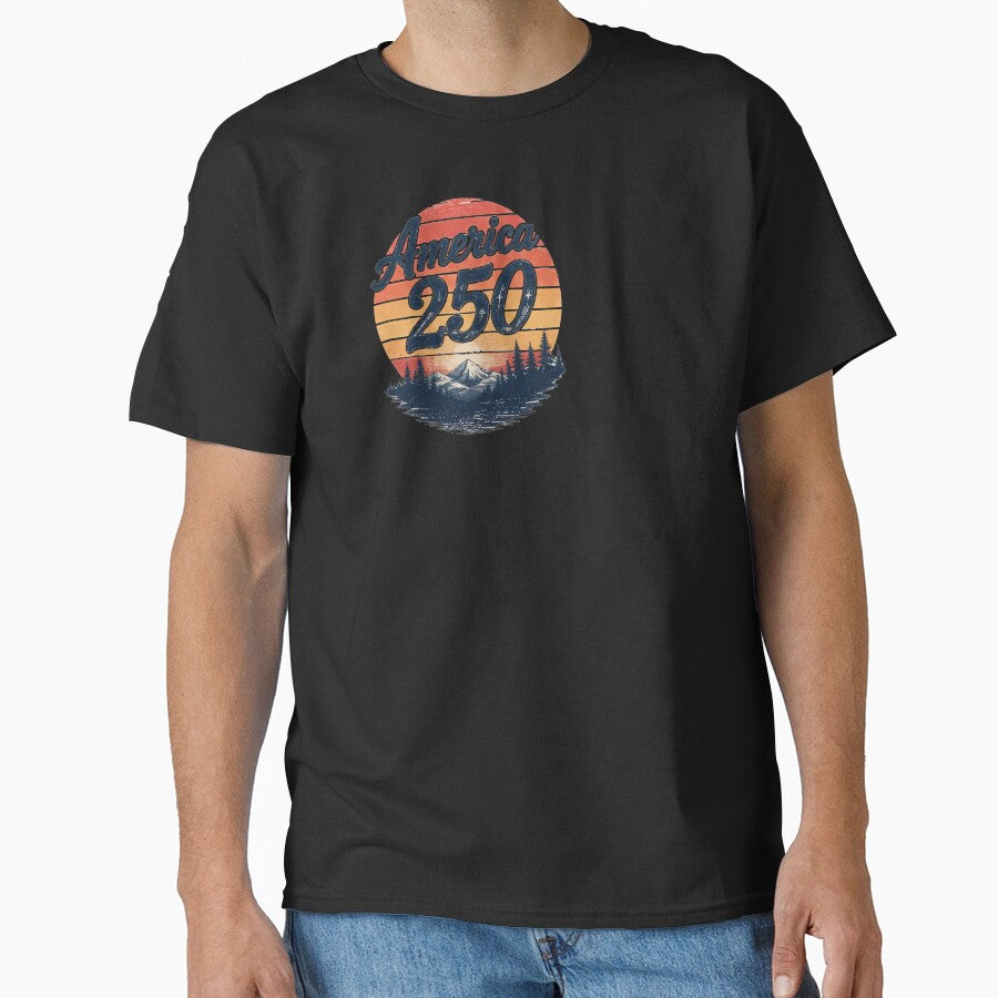 America 250 Shirt – Retro Sunset Patriotic USA Anniversary Tee by DyfunctionalTee