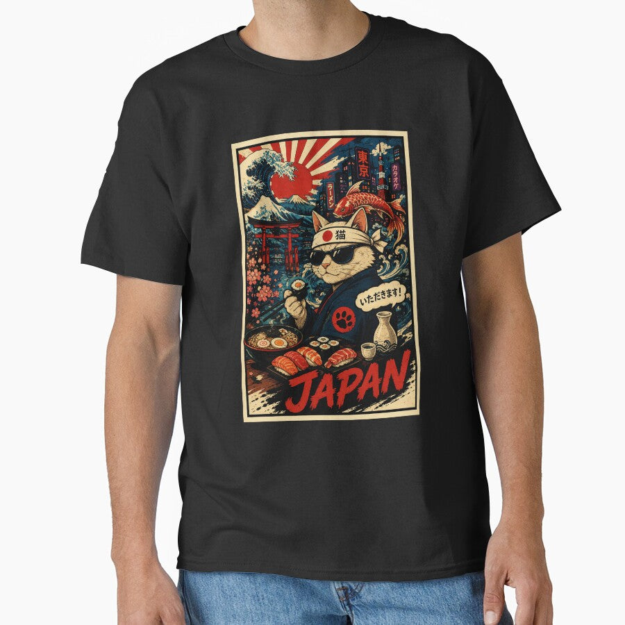 Retro Japan Cat Sushi Poster with Ukiyo Inspired Street by eliramaison
