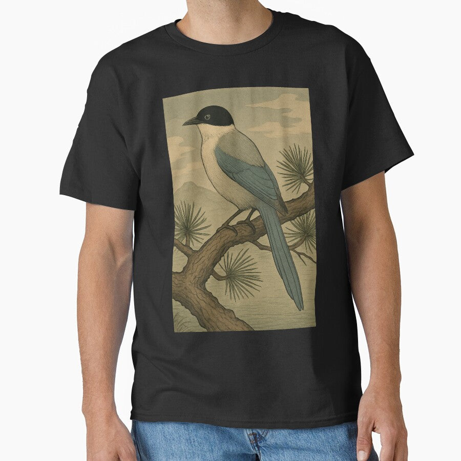 Azure-Winged Magpie on Pine Branch – Japanese Woodblock Style by TidalEchoes
