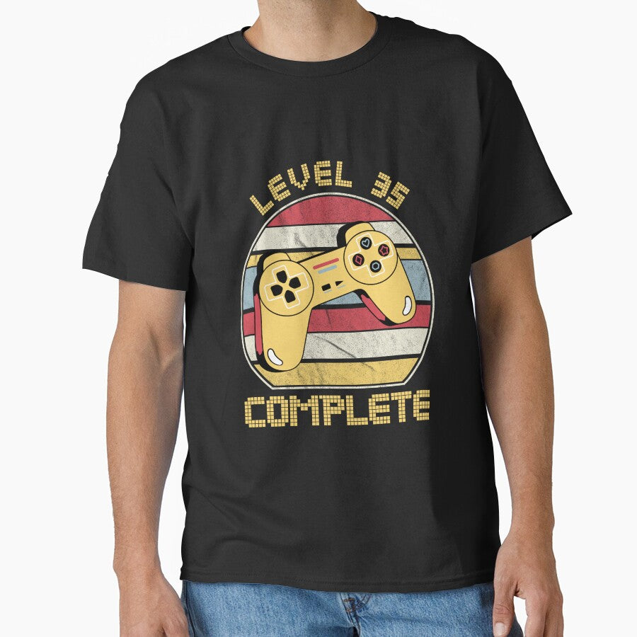 Level 35 complete, video gamers ,35th anniversary, 35th birthday, funny gaming pun,celebration, vintage,70's palette, retro controller, by allycat57