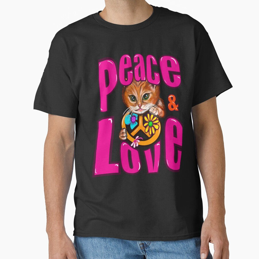 Peace & Love Cat Vintage Retro 70s Pink Floral Aesthetic with Cute Kitten by Artonmytee