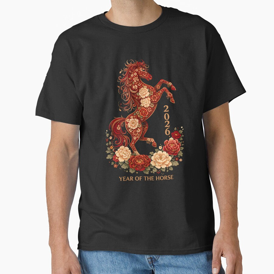 Year of the Horse 2026, Chinese New Year Zodiac Gift, Floral Horse Graphic Tee by saloui