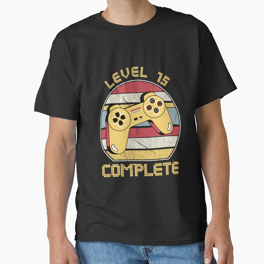 Level 15 complete, video gamers ,15th anniversary, 15th birthday, funny gaming pun,celebration, vintage,70's palette, retro controller, by allycat57